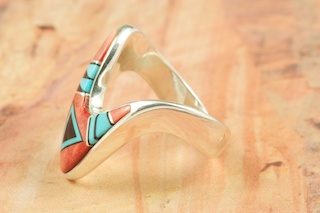 Genuine Sleeping Beauty Turquoise, Spiny Oyster Shell and Black Jade inlaid between ribbons of Sterling Silver. Stunning Ring Designed by Navajo Artist Calvin Begay. Signed.